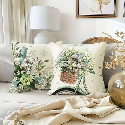 Four-Piece Farmhouse Pillow Cover Set, 18 x 18 Inches with Eucalyptus, Bicycle and Typography Prints