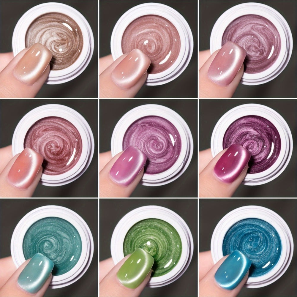 Nine-Color Cat Eye Gel Polish Jar Set with MORDDA Flower Order Shades and Included Magnetic Tool
