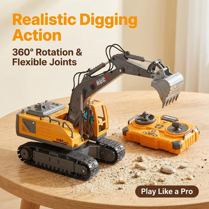 RC Excavator 1:20 Scale 2.4G 11CH, Alloy Remote Control Construction Toy with 680° Rotation & Working Arm