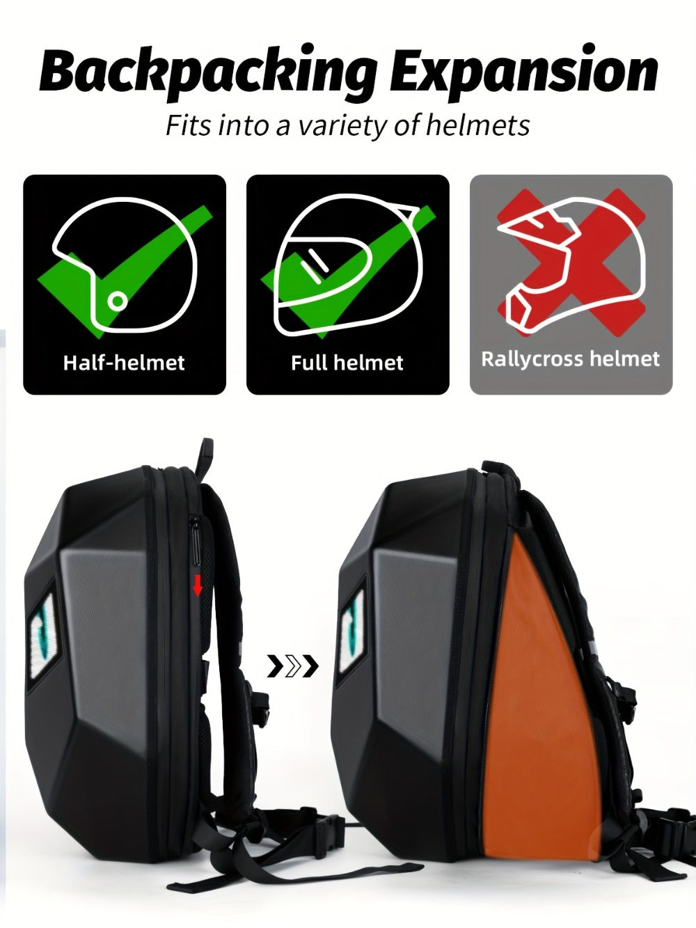 LED Motorcycle Backpack with Display Screen, Hard Shell Helmet Bag, USB Charging Port, 48x48 Dot Matrix Smart Riding Backpack