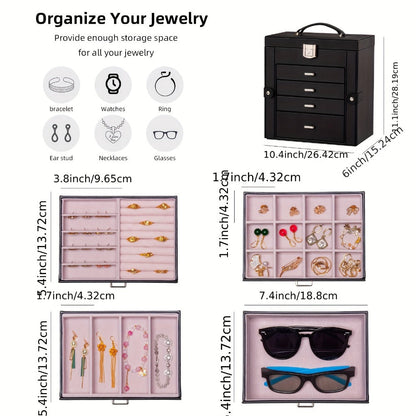 Jewelry Box, Five-Tier PU-Leather Organizer with Built-In Mirror, Key Lock and Three Color Options