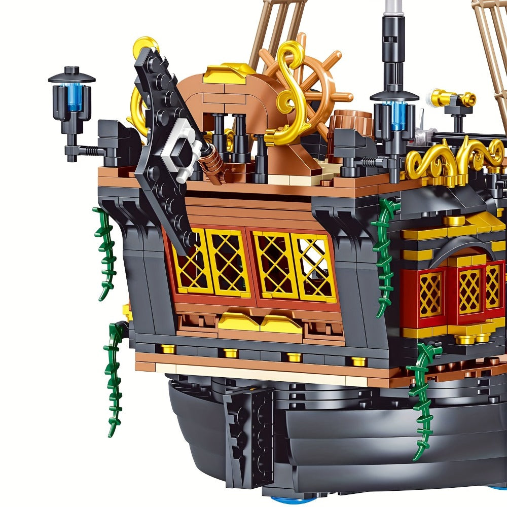 1282-Piece Pirate Ship Building Block Model with Black Sails, MY051 Checkout Code and Pictured 30.48 cm Length