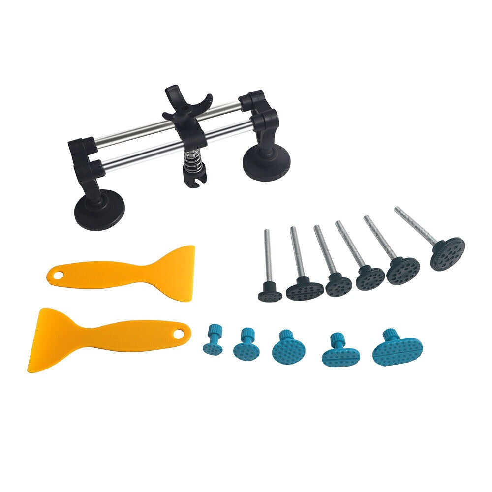 Thirteen-Piece Bridge-Style Dent Puller Set with Suction Feet, Puller Tabs and Two Scraper Tools