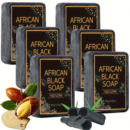 African Black Bar Soap in Three- or Six-Bar Packs with 100g Labels and Coconut, Olive and Shea Ingredients