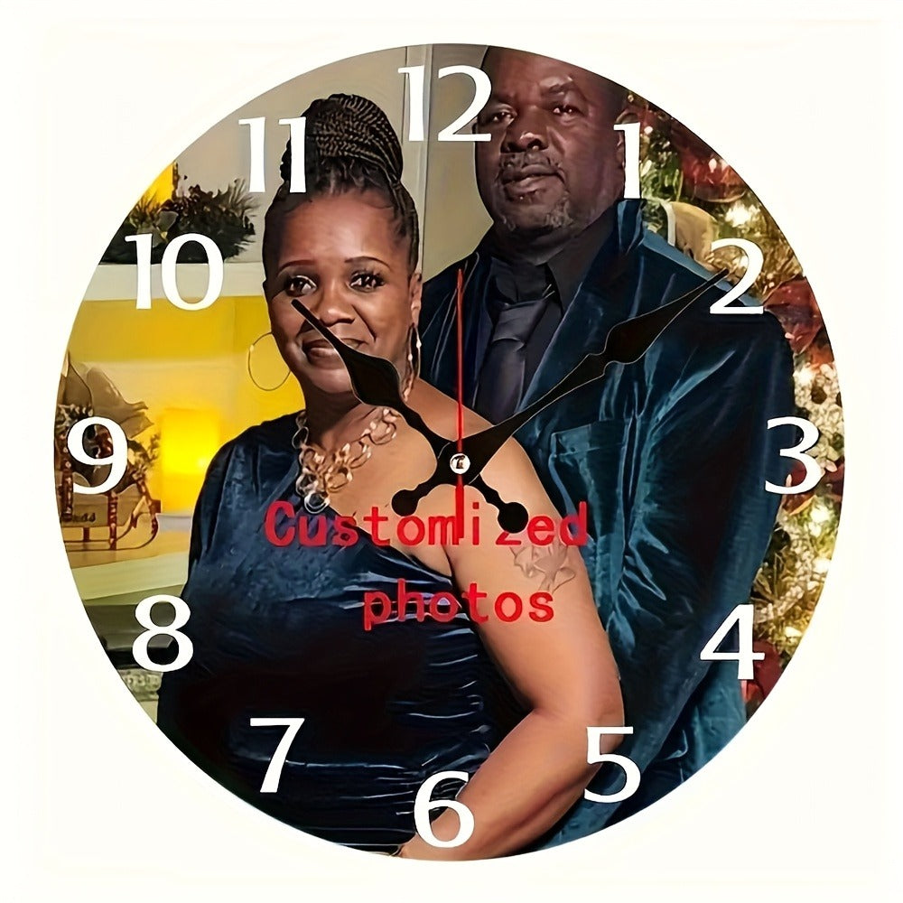 Personalized Custom Photo Wall Clock - Round Wood Silent Clock with Custom Text & Family Name, Self-Assembly