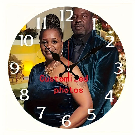 Personalized Custom Photo Wall Clock - Round Wood Silent Clock with Custom Text & Family Name, Self-Assembly