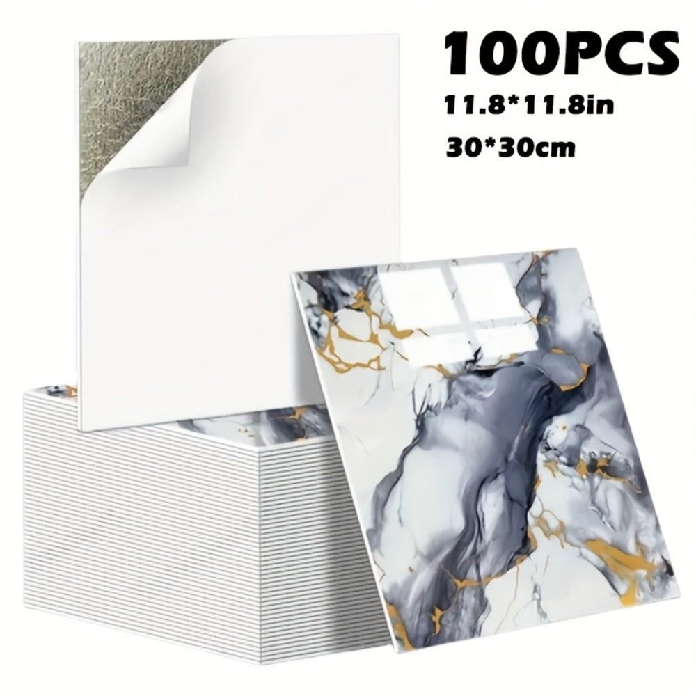 Peel and Stick Wall Tiles 50/100pcs – PVC Marble Self-Adhesive Vinyl Panels for Bathroom Shower Kitchen Living Room TV Backdrop