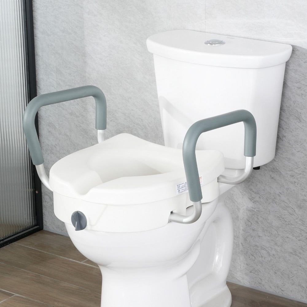Raised Toilet Seat with Arms for Seniors & Elderly - 5 Inch Elevated Toilet Seat, Twist Lock, Adjustable Armrests with Padding