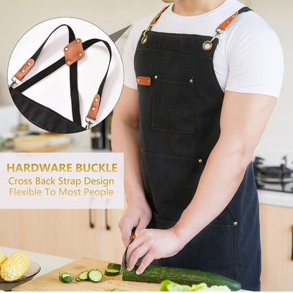 Chef Apron Crossback Canvas Work Apron with Extra Large Pockets for Men Women – Professional Kitchen Cooking BBQ Gardening Workshop Bib