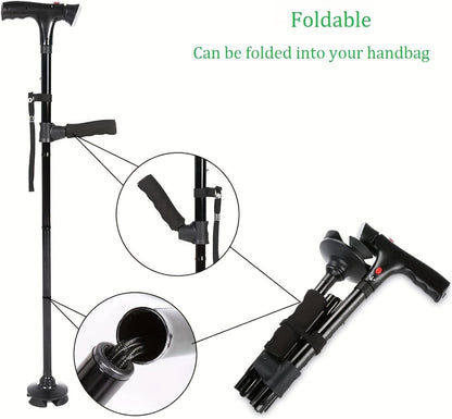 Foldable Walking Cane for Seniors Adjustable Height Folding Stick with Wrist Strap T-Handle for Entryways, Bedrooms and Living Spaces