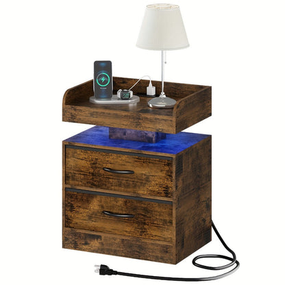 Wooden Nightstand with LED Ambient Light & Charging Station, Fabric Drawer, Blue Glow for an Everyday Personal Care Routine