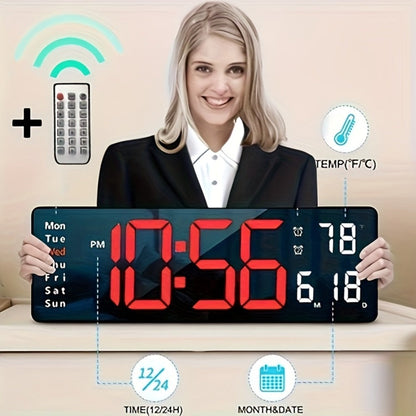 Large Digital Wall Clock 16 Inch LED Color Display, Smart Auto-Dimming 10-Level Brightness, Time Temperature Humidity Monitor
