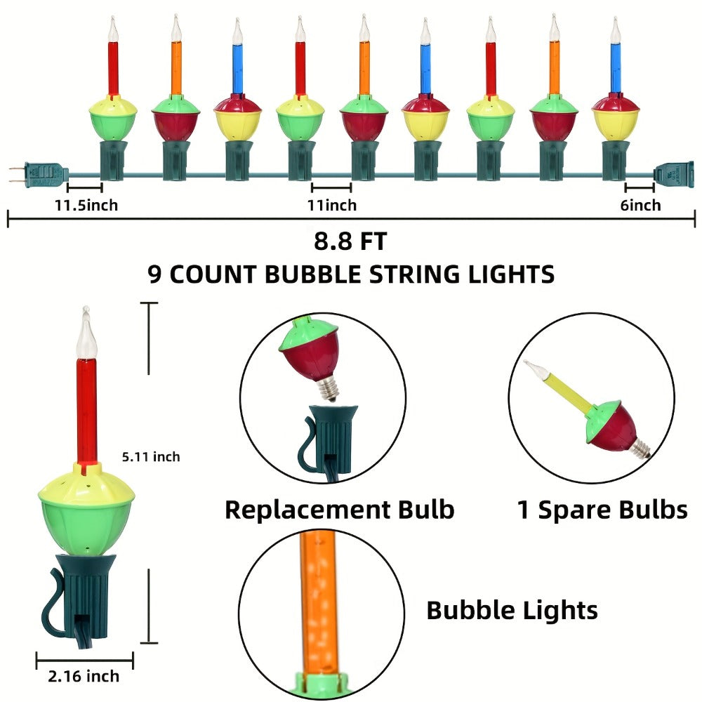 Christmas Bubble Lights 9 Pack Retro Multi Color, 8.8 Inch 5W E12 Base with 10 Bubble Bulbs 1 Spare