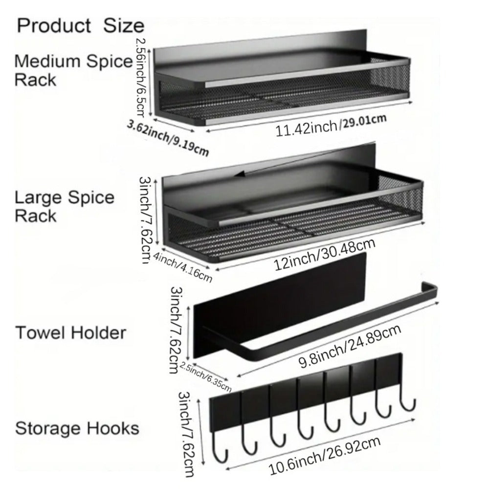 Kitchen Organizer Magnetic Refrigerator Shelf 4-Piece Set with Hooks for Metal Appliance Surfaces