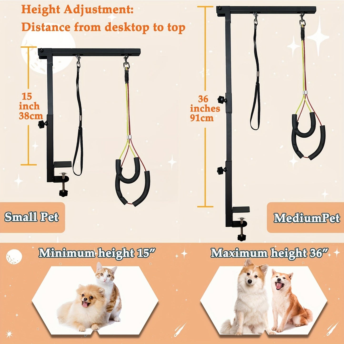 Pet Grooming Arm, 36-Inch Three-Section Iron Clamp Stand with Haunch Holder and Positioning Ropes