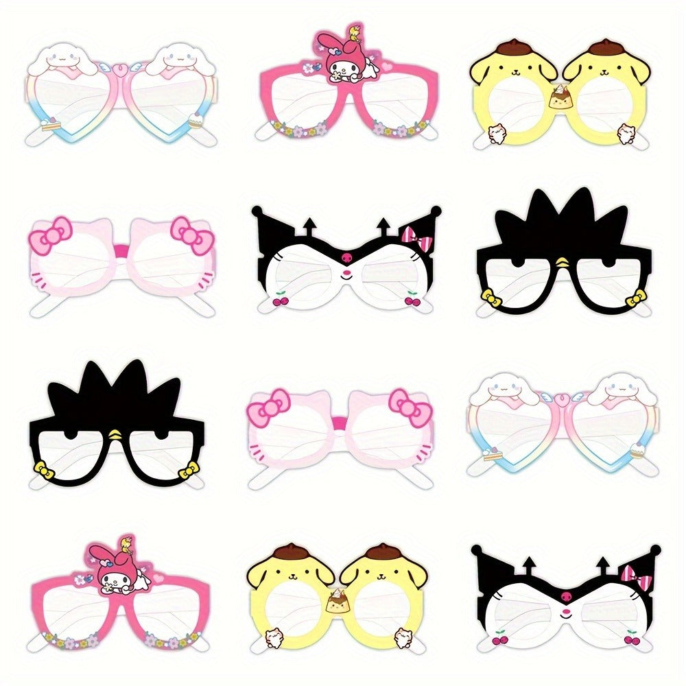 Sanrio Photo Booth Glasses Props 12 Pcs Hello Kitty Kuromi My Melody Cinnamoroll Gudetama for Parties, Celebrations and Guest Favors