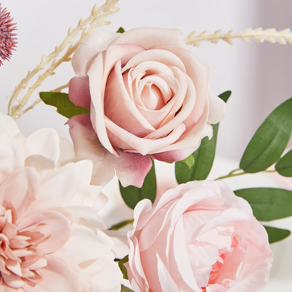 Pink Rose Dahlia Faux Flowers Box - Realistic PE Foam Artificial Flowers with Wire Stems for Entryways, Bedrooms and Living Spaces