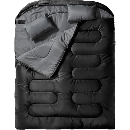 Double Sleeping Bag XL with Pillow for Two Adults – 2-Person Couple Sleeping Bag for Year-Round Camping, Hiking & Backpacking in Cold & Warm