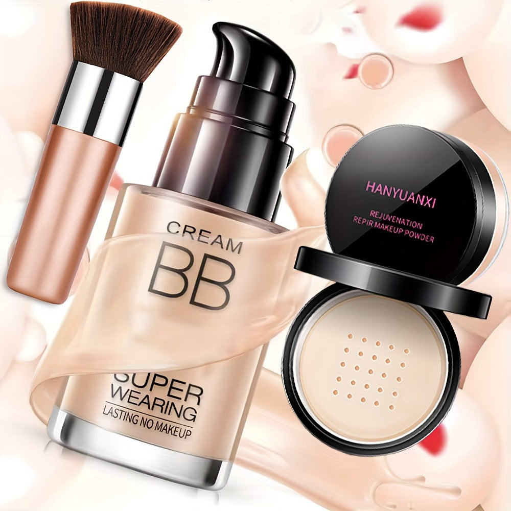 BB Cream Makeup Kit with Loose Setting Powder Brush & Sponge – Full Coverage Waterproof Long-Lasting Hydrating Foundation Set for All Skin