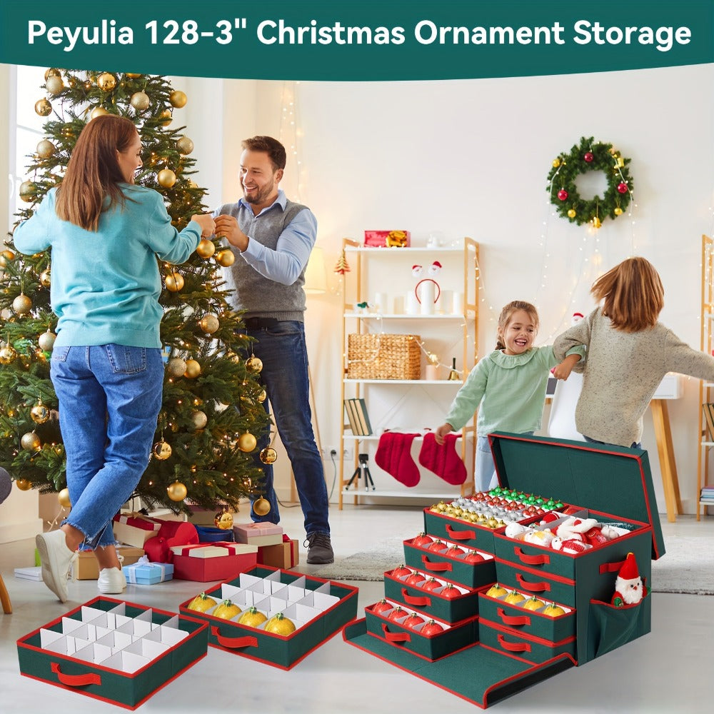 Christmas Ornament Storage Box 128 Slots 8 Trays Stackable Large Capacity Holiday Organizer with Lid Side Open Adjustable Dividers Removable