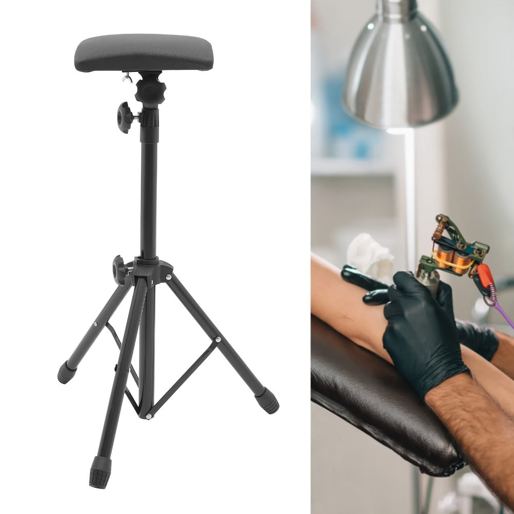 Tattoo Armrest Stand Adjustable Tripod with 15 Disposable Pads & 10 Gloves – 180° PU Padded Arm Leg Rest Portable Collapsible Support