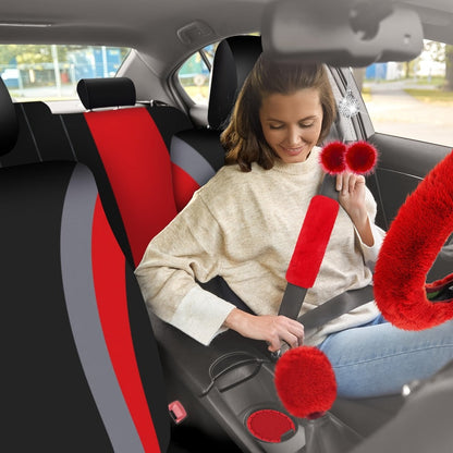 Car Seat Covers Fluffy Full-Cabin Accessory Set with Seat, Steering Wheel, Floor Mat and Belt Pieces