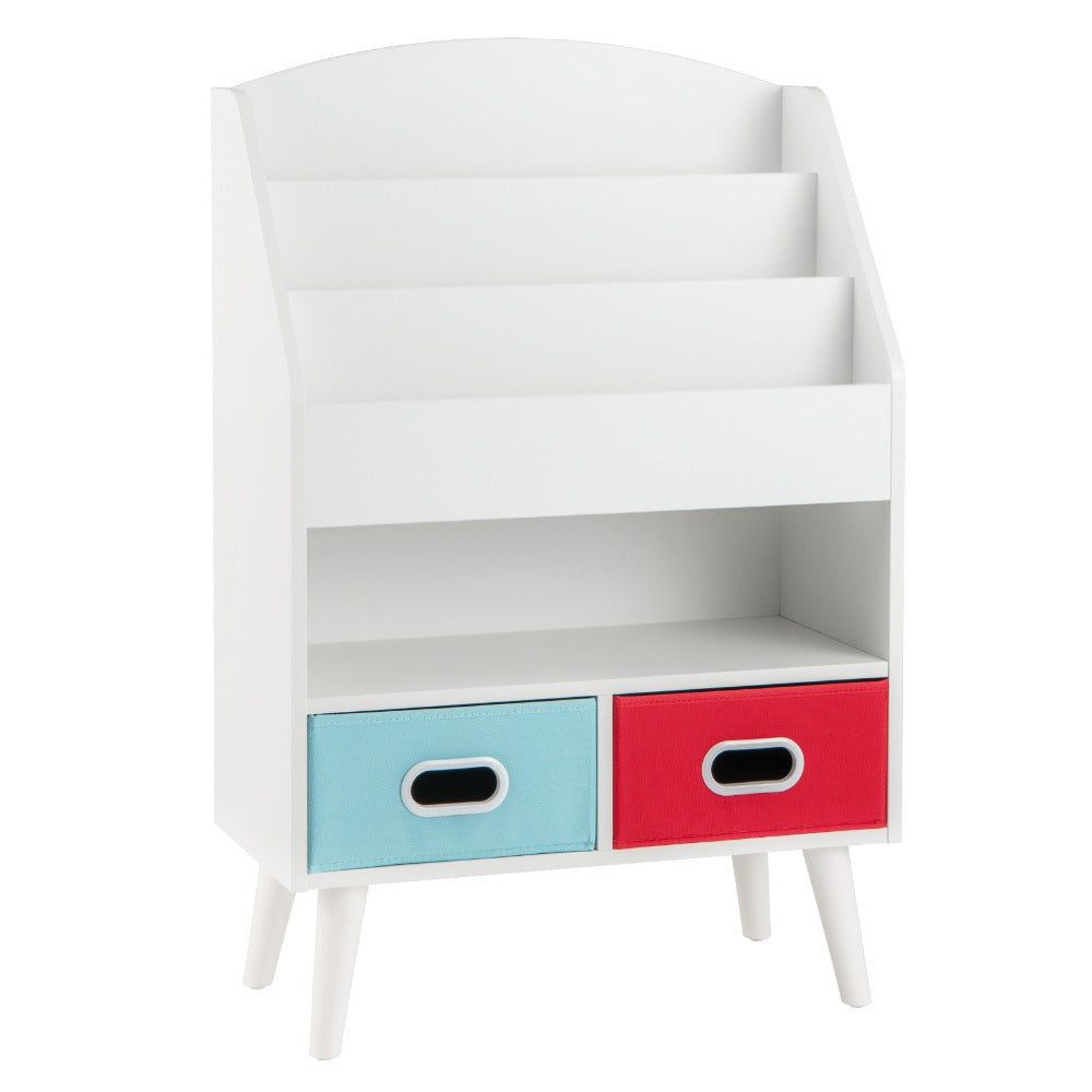 Kids Bookshelf 3-Tier with 2 Fabric Bins Open Compartments Anti-Tip Safety Design Sturdy MDF for Entryways, Bedrooms and Living Spaces