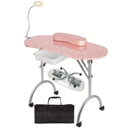 Foldable Nail Table with LED Lamp Drawer Lockable Wheels Wrist Cushion & Carrying Bag, Portable Manicure