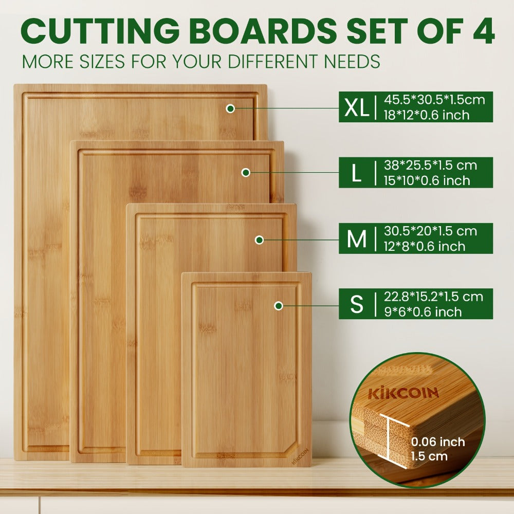 Bamboo Cutting Board Set 4-Piece Extra Large, Chopping Boards with Juice Grooves for Meat, Vegetables & Cheese