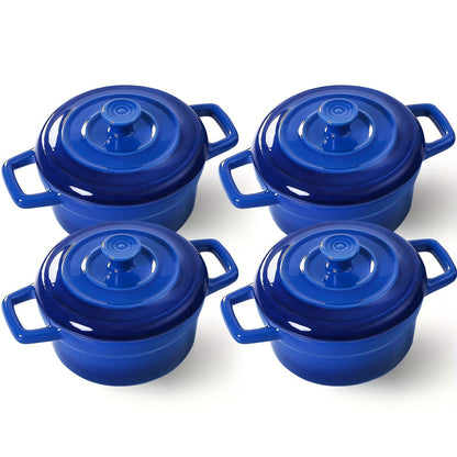 Mini Cocotte Ceramic Casserole Dishes Set of 4 with Lids and Handles - 12oz Baking Ramekins Microwave Cookware