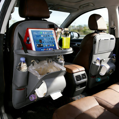 One-Piece Seatback Car Organizer with Fold-Down Tray, Cup Recesses, Mesh Pockets and Four Colors