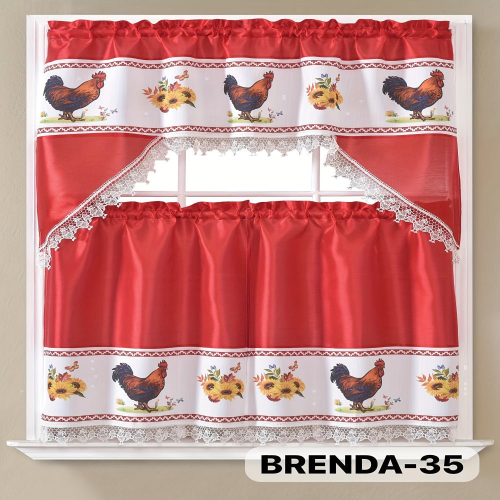 Kitchen Curtains 3 Piece Set Embroidered Satin Valance and Tiers – Rod Pocket Light Filtering Machine Washable 46 Colors