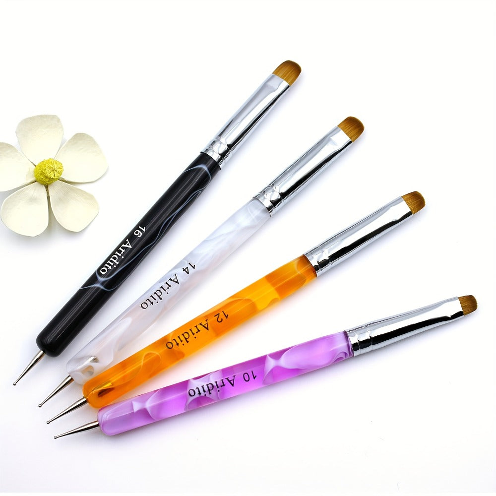 Nail Art Brush Set 4pcs Fine Tip Detail Brushes with Dotting Tool – Nylon Bristle Precision Manicure Brushes #10 #12 #14 #16 for Gel Acrylic