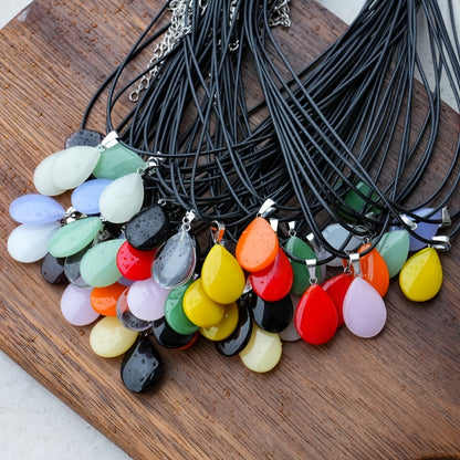 Crystal Pendant Necklace Set 40-Pack – Multicolor Water Droplet Artificial Crystal Pendants with Faux Leather Cord