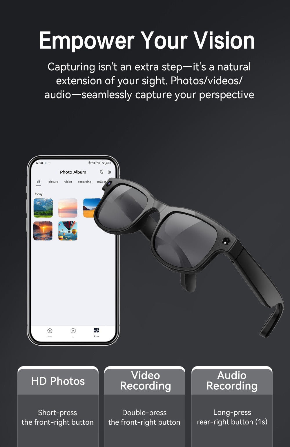Smart Glasses 8MP Camera Eyewear with Translation, Object Recognition, Touch Control and Bluetooth Calls