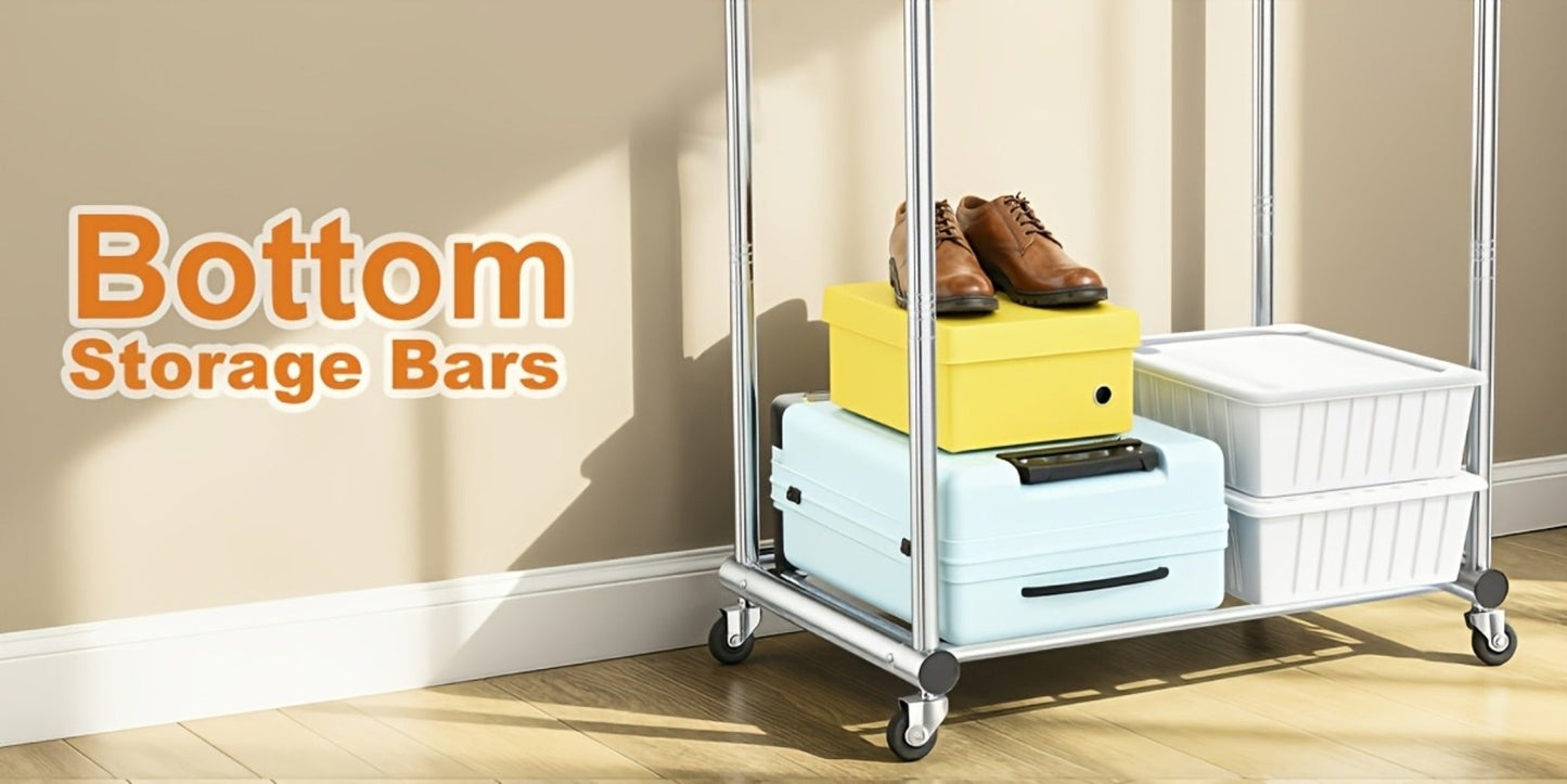 Portable Clothes Rack with Wheels, Double Rod Garment Rack with Shelves & Hooks, Metal Rolling Clothing Rack for Hanging Clothes