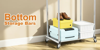 Portable Clothes Rack with Wheels, Double Rod Garment Rack with Shelves & Hooks, Metal Rolling Clothing Rack for Hanging Clothes