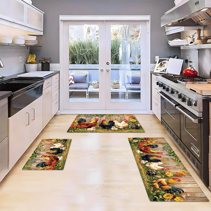 Rooster Kitchen Rugs Set 1/2/3/4pcs Vintage Farmhouse Anti-Slip Floor Mats for Kitchen Bedroom Bathroom Living Room Laundry Room Entrance