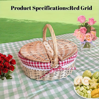 Covered Wicker Picnic Hamper with Twin Lid Panels in Red Plaid or Daisy Pattern Textile Styles