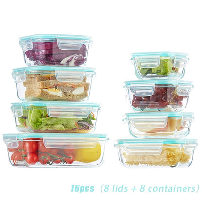 Glass Meal Prep Containers 16 Piece Set (8 Lids + 8 Containers) - Borosilicate Glass Food Storage with Leak Proof Lids