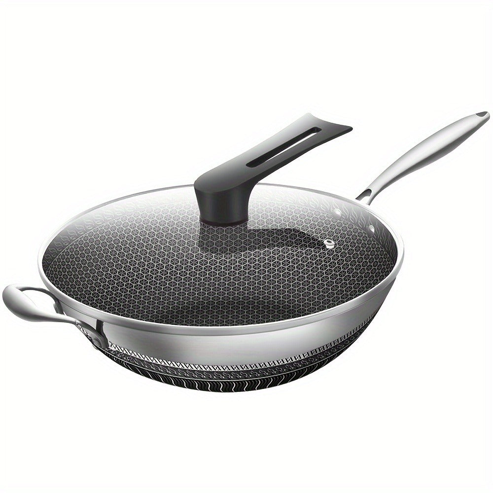 Stainless Steel Wok 13.3 Inch Honeycomb Non-Stick with Lid Spatula & Pot Brush, All Cooktop Compatible Stir Fry Pan