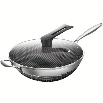 Stainless Steel Wok 13.3 Inch Honeycomb Non-Stick with Lid Spatula & Pot Brush, All Cooktop Compatible Stir Fry Pan