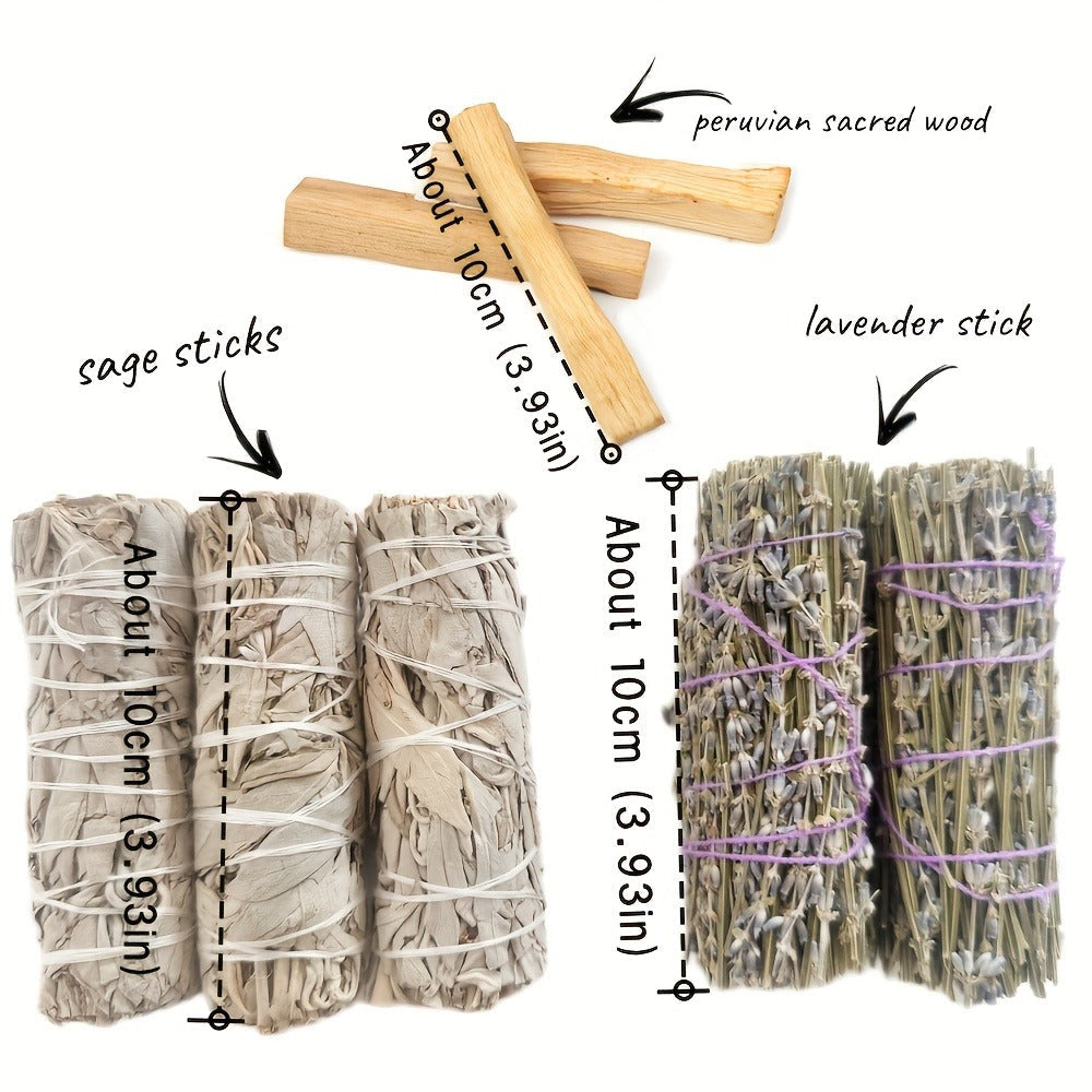 Smudge Sticks Gift Set - White Sage, Lavender & Palo Santo Hand-Tied Cleansing Bundle for Meditation