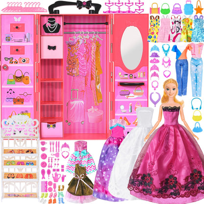 Fashion Doll Wardrobe Set 140pcs for 11.5 Inch Dolls, Deluxe Closet with Wedding Dress, Evening Gowns