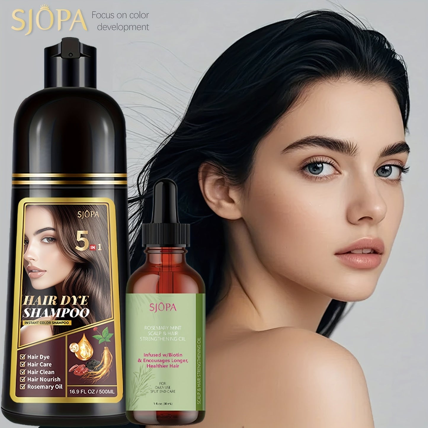 Glycerin Hair Color Shampoo Gift Set with Rosemary Oil, 5-in-1 Color & Care Formula 16.91oz, Gentle Non-Irritating Gray Coverage