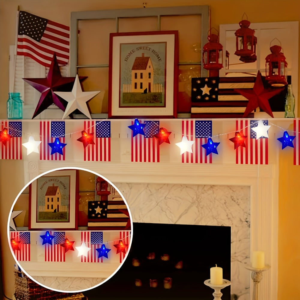 String Lights, Red White and Blue Star Lights with Plug-In Power, 8.5- or 12-Foot Length and 10 or 20 LEDs
