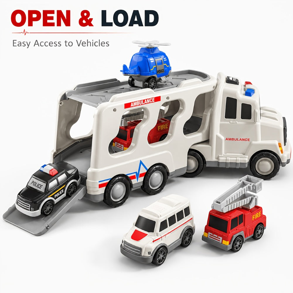 Ambulance Carrier Truck Toy Set 5-in-1 with Light & Sound for Kids Ages 3-8 with the Listed Color, Size or Set Options for Everyday Use