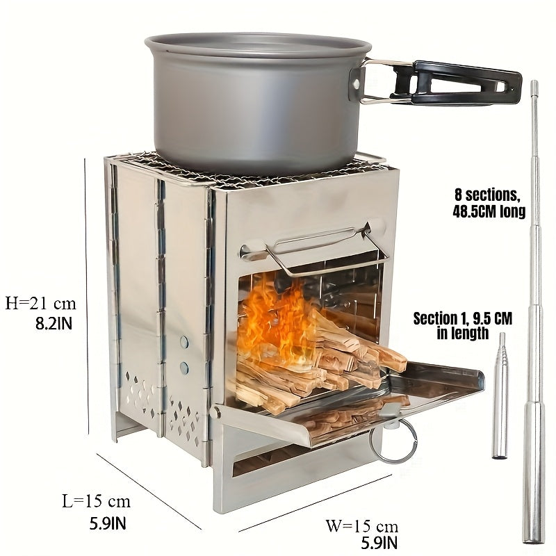 Compact Wood-Burning Camp Stove with Folding Panel Body, Grill Rack, Blowpipe and Storage Bag in Silver Tone