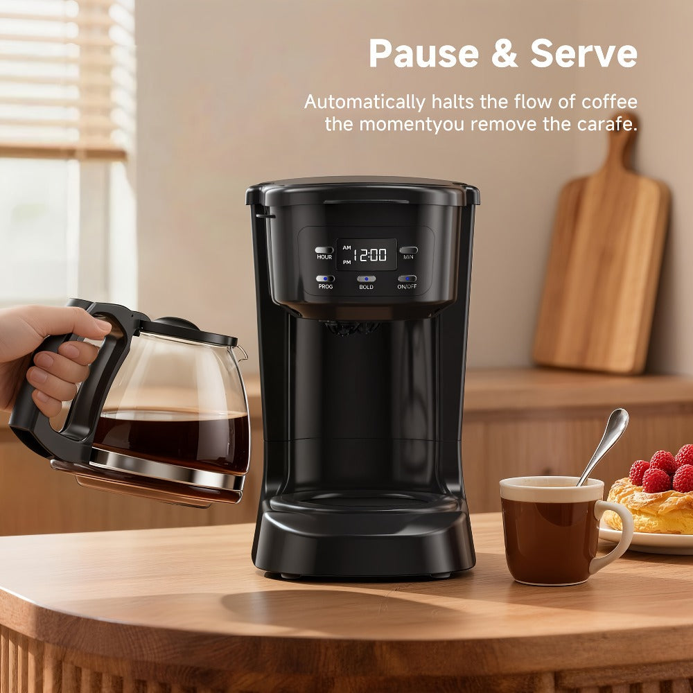 Five-Cup Programmable Drip Coffee Maker with Glass Carafe, Reusable Filter and Black or White Finish