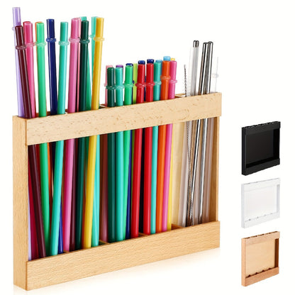 Wooden Straw Holder for Cabinet Door 9.8 Inch Acacia Wood Straw Dispenser Wall Mount Reusable Straw Storage Box for Kitchen Counter Cupboard